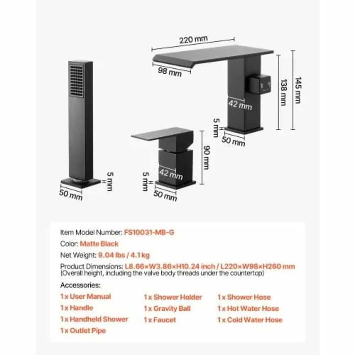 Roman Tub Faucet, 3 Hole Waterfall Bathtub Faucet, - Image 2