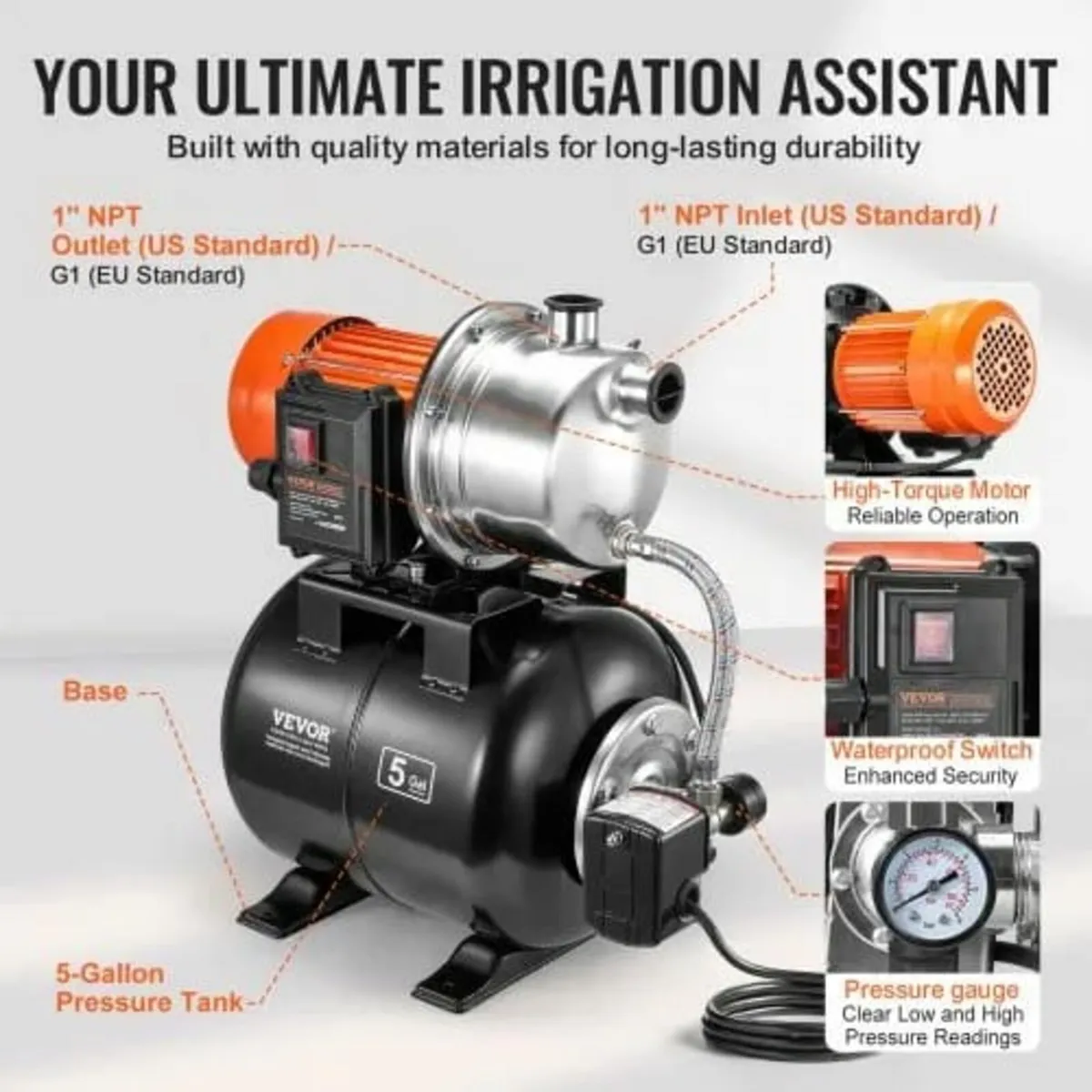 745 W(1 HP) Shallow Well Pump with Pressure Tank, - Image 3