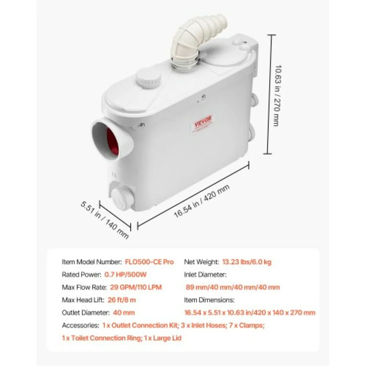 Macerator Pump, 500W, 6600 L/h Flow, 26.2 ft/8 m H - Image 3
