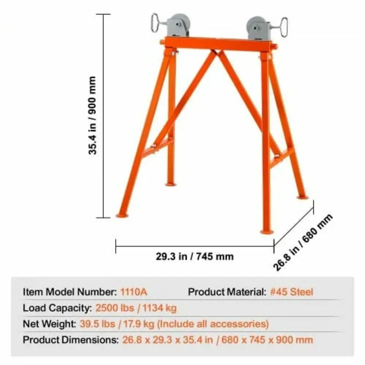 Pipe Stand with Roller Head 1134 kg Load for 5.1-9 - Image 3