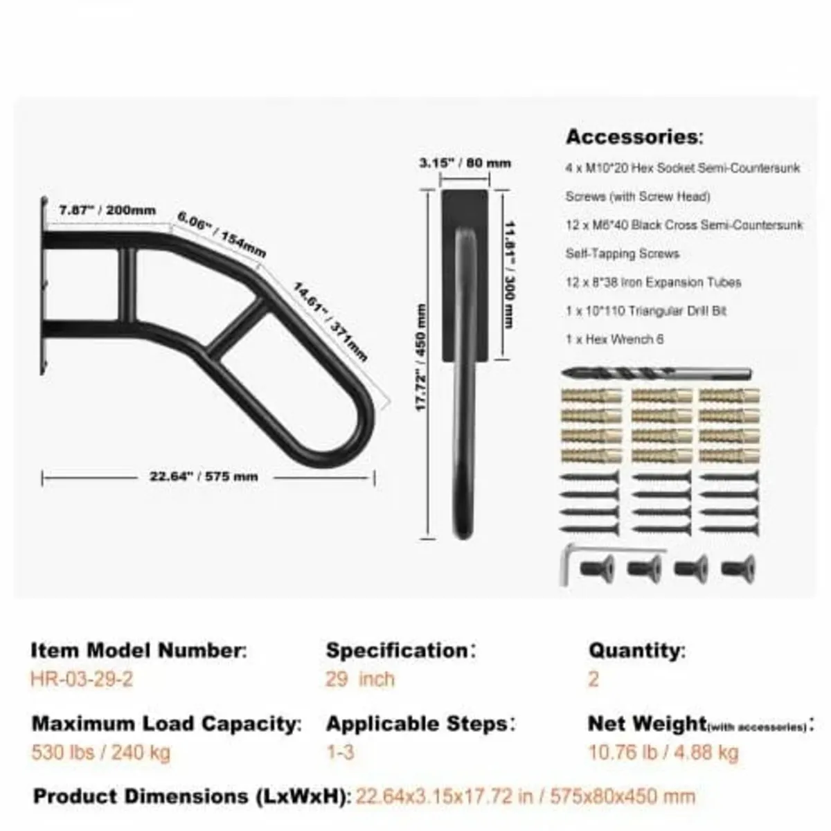 Handrails for Outdoor Steps, 29" Length Wall Mount - Image 4