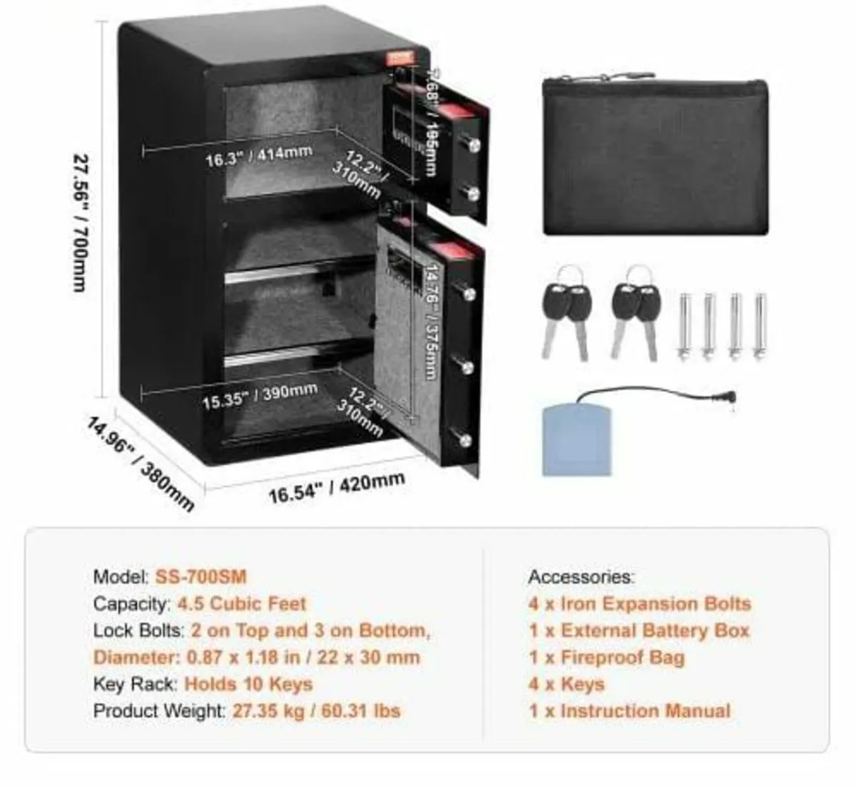 Double Doors 4.5 cu.ft Safe Box with Key Lock & Pa - Image 4