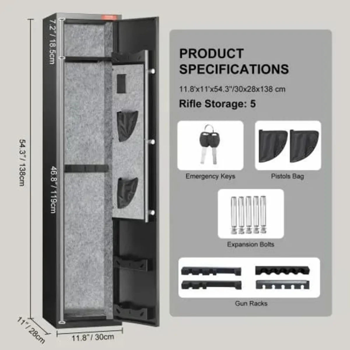 5 Rifles Gun Safe, Rifle Safe with Fingerprint Loc - Image 3