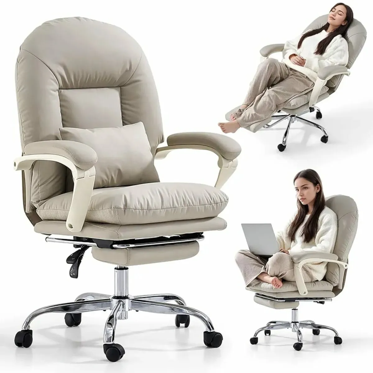 Home Office Desk Chair with Footrest, PU Leather E - Image 1