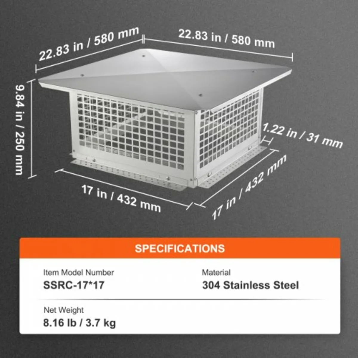 Chimney Cap, 431.8x431.8mm, 304 Stainless Steel Fi - Image 3