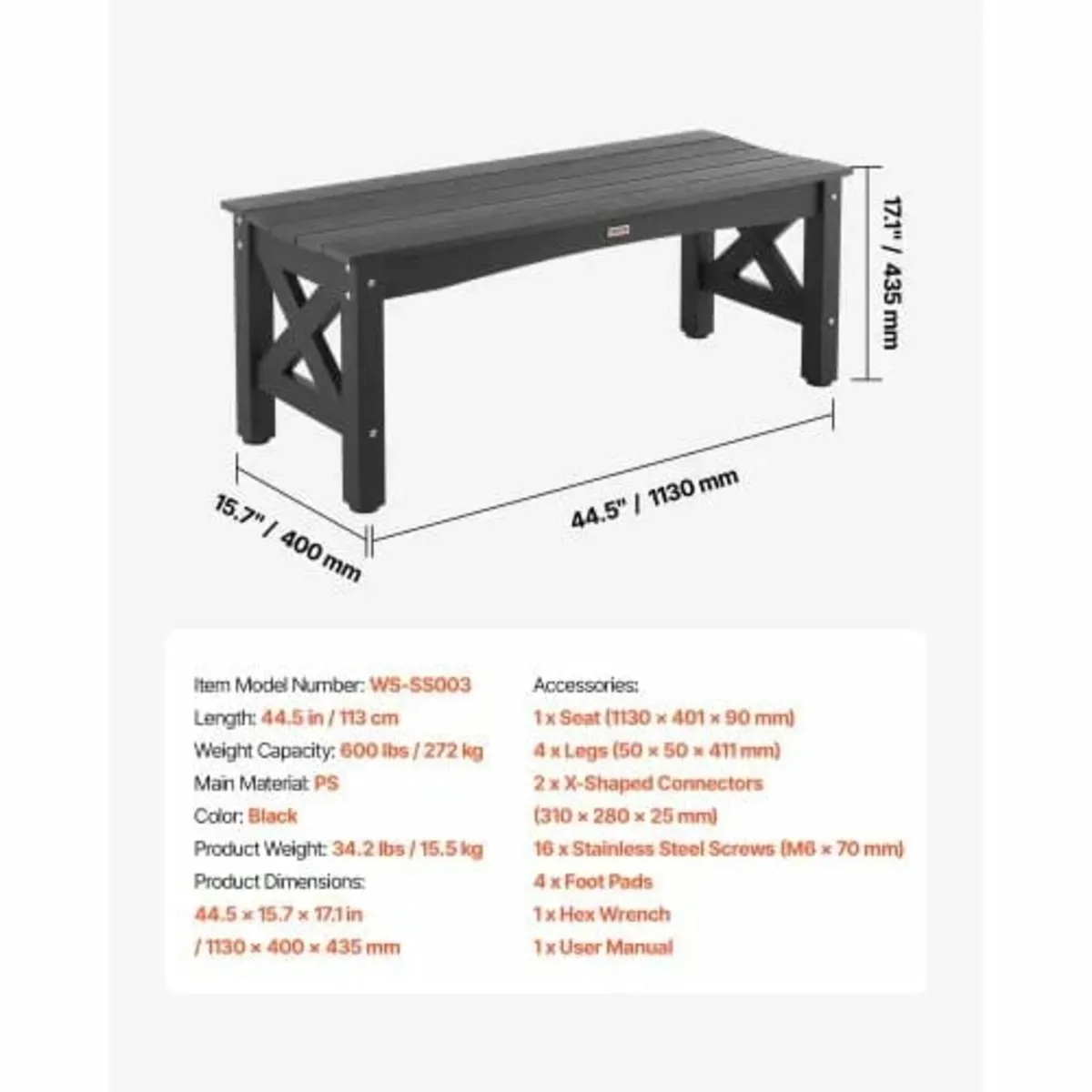 Outdoor Bench Patio Bench 113 cm Weatherproof Plas - Image 3