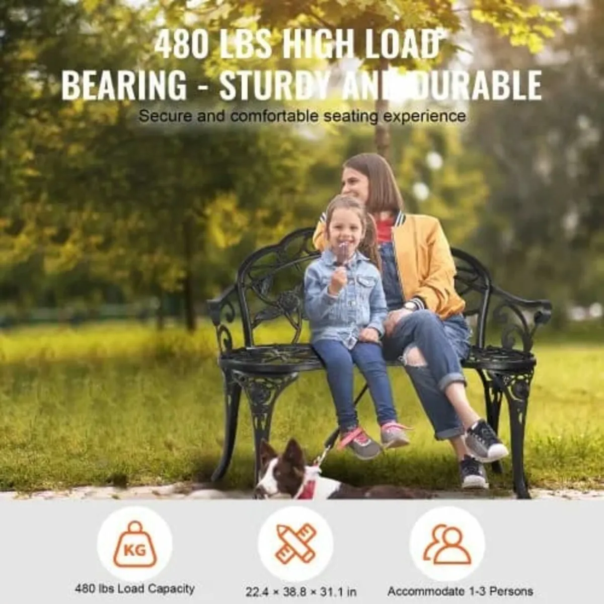 Outdoor Bench, 38.8 inches Metal Garden Bench for - Image 4