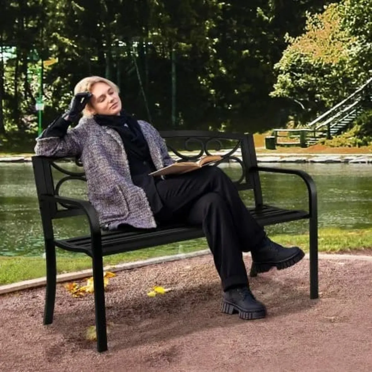 Outdoor Bench, 50 inches Metal Garden Bench for Ou - Image 3