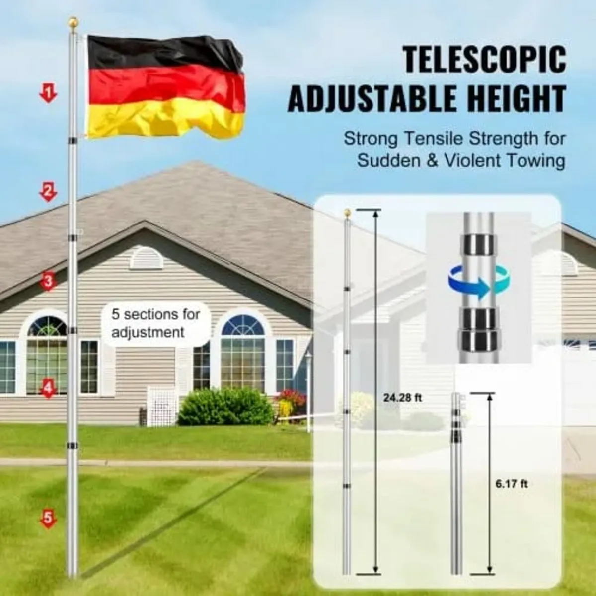 25FT Telescopic Flagpole Kit, Heavy Duty Aluminum - Image 2