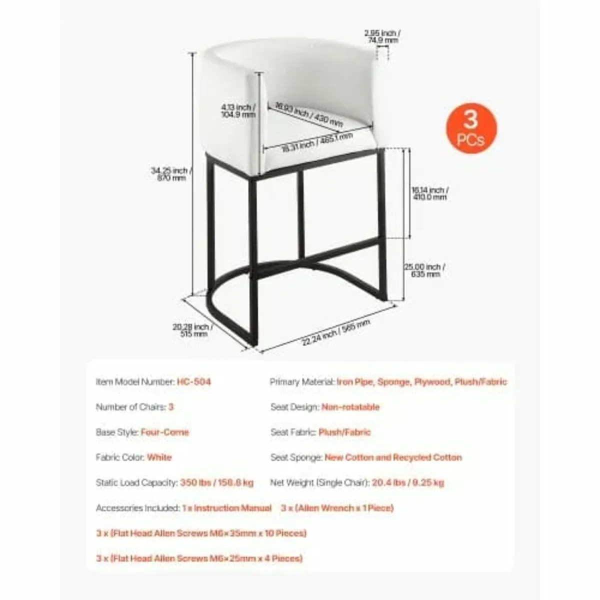 Bar Stool Set of 3, 63cm Counter Height Stools, Co - Image 3