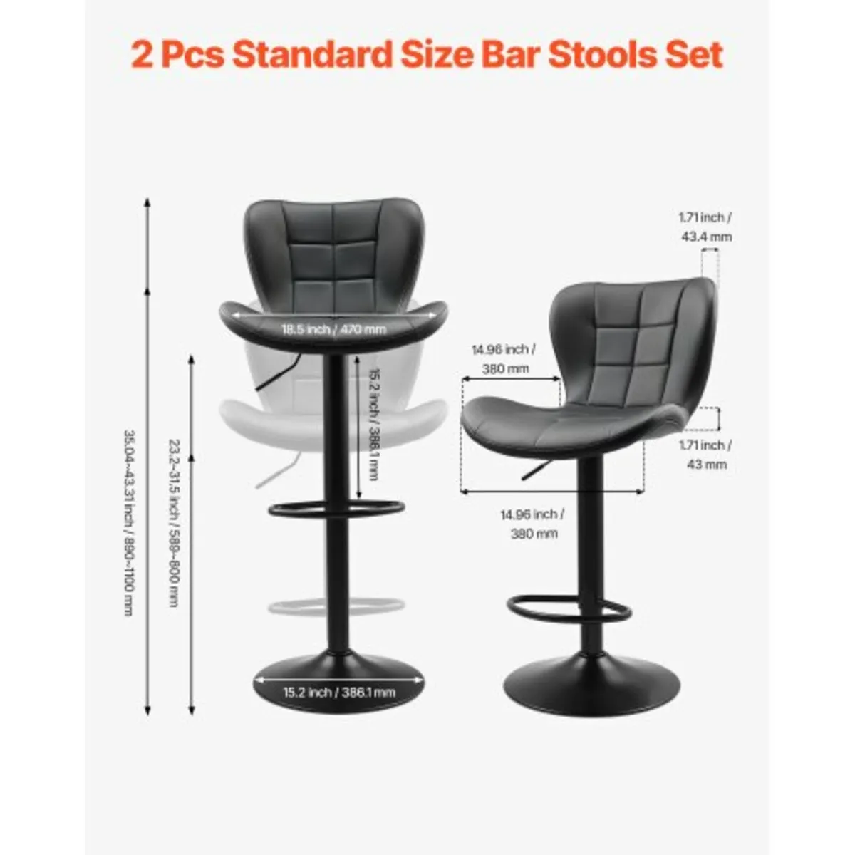 Bar Stool Set of 2, Modern PU Leather Counter Heig - Image 2