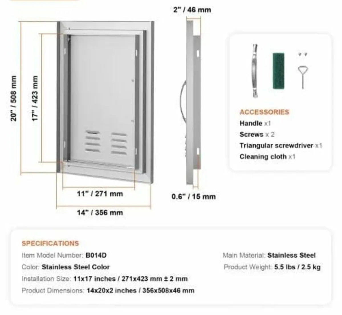 356x508 mm Single Outdoor Kitchen Door, Stainless - Image 3