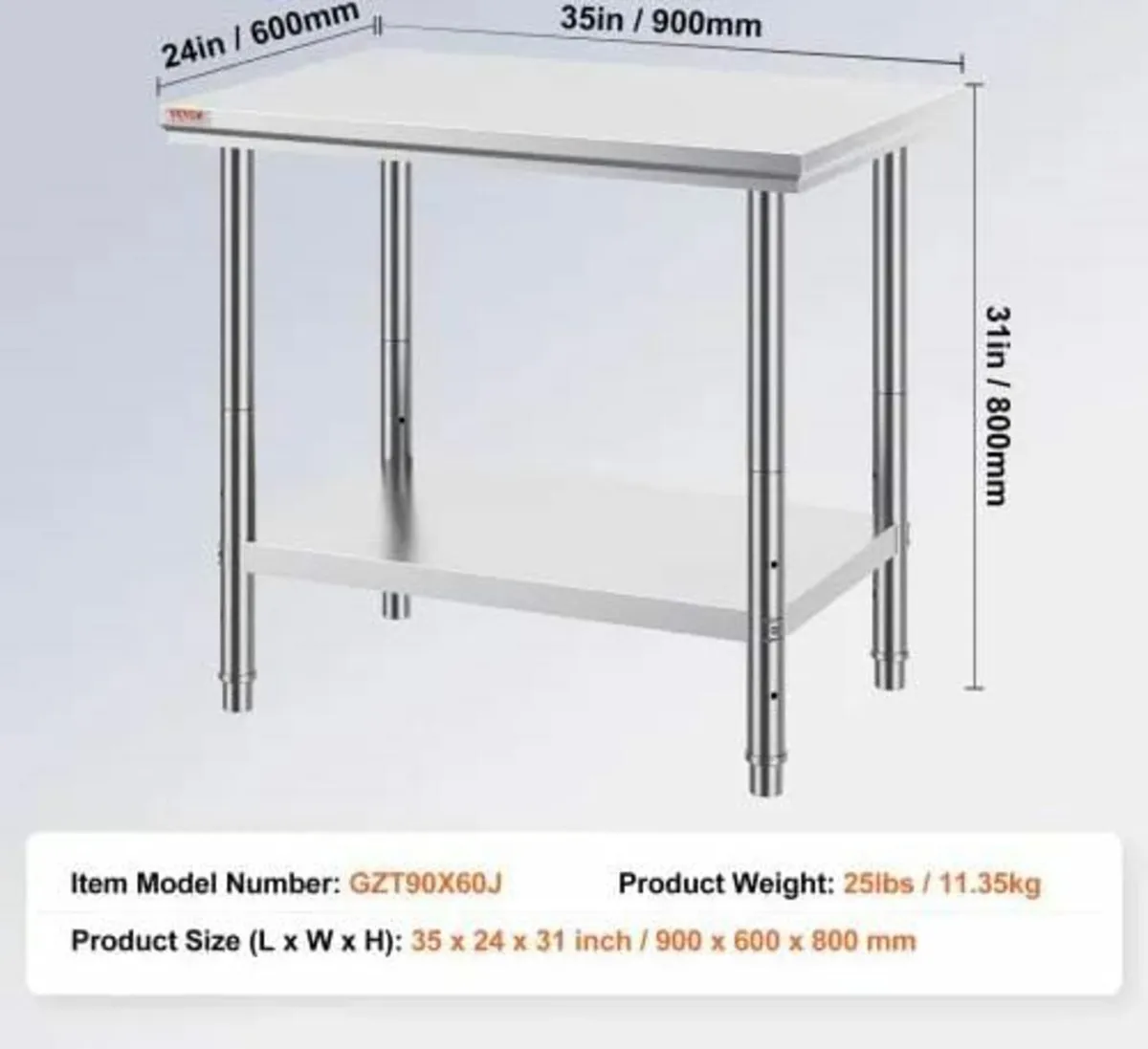 Stainless Steel Prep Table, 900x600x800 mm, 700 lb - Image 3