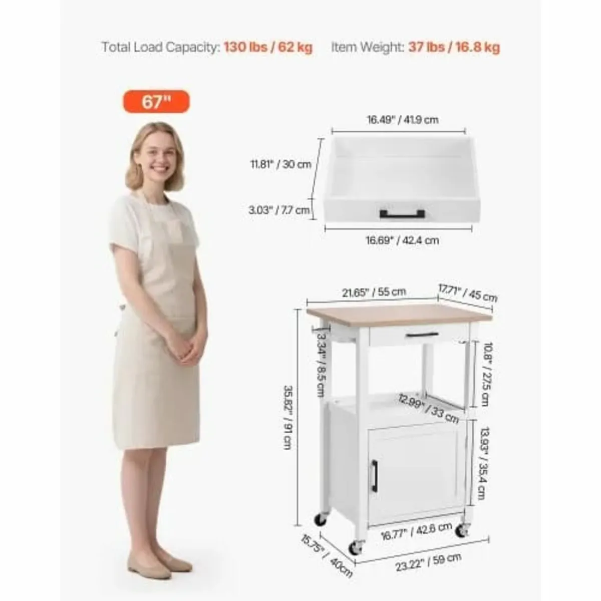 Kitchen Island Cart with Single Door Cabinet, Mobi - Image 3