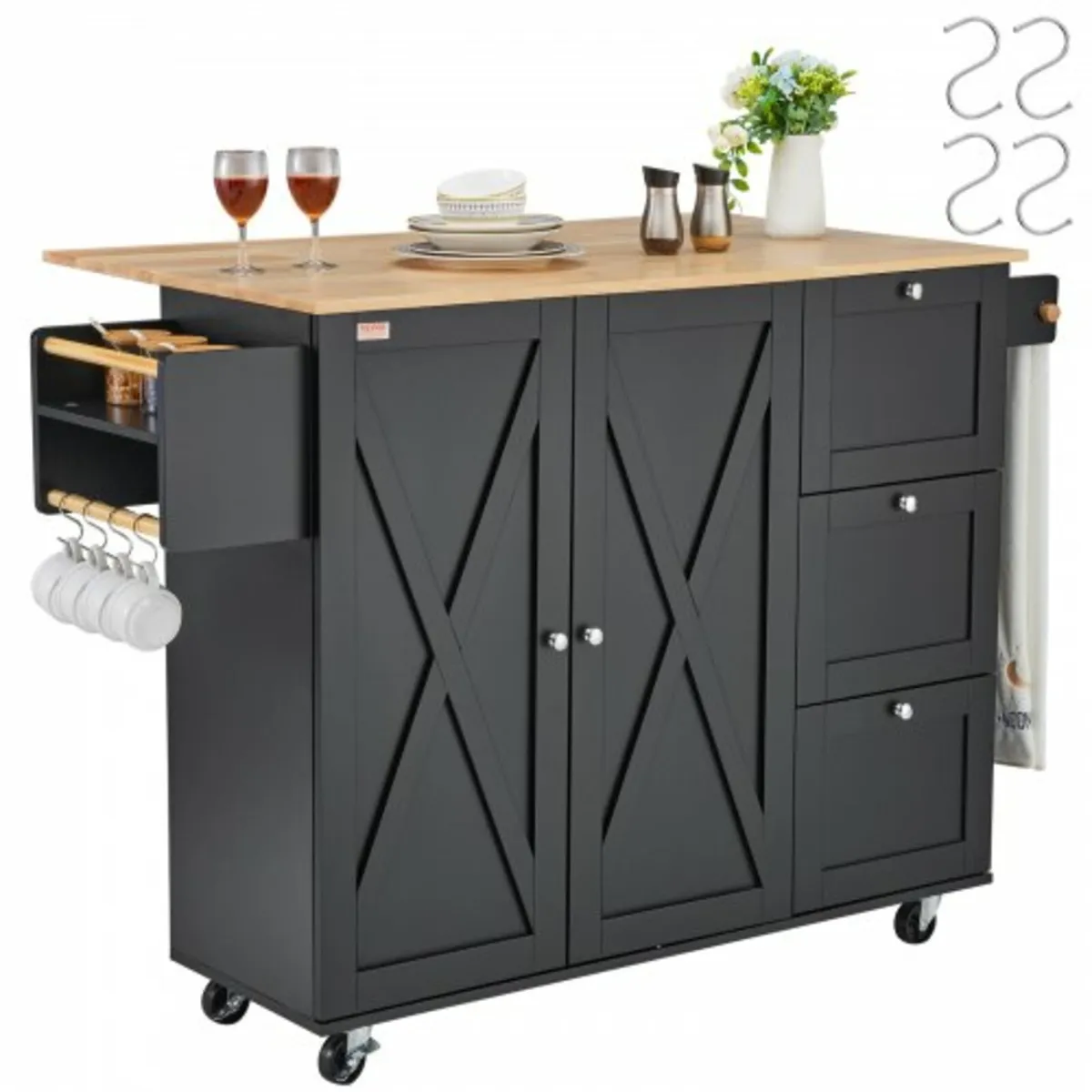 Kitchen Island Cart, 56" Wood Top Mobile Carts wit - Image 1