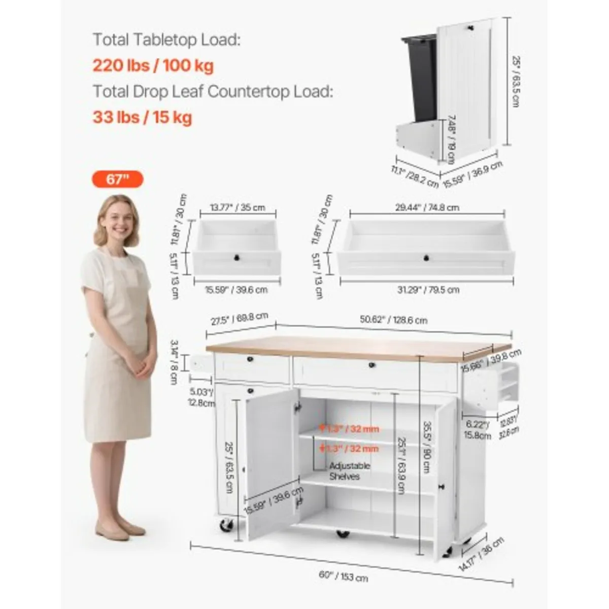 Kitchen Island Cart with Storage, 153 cm Wide Mobi - Image 3