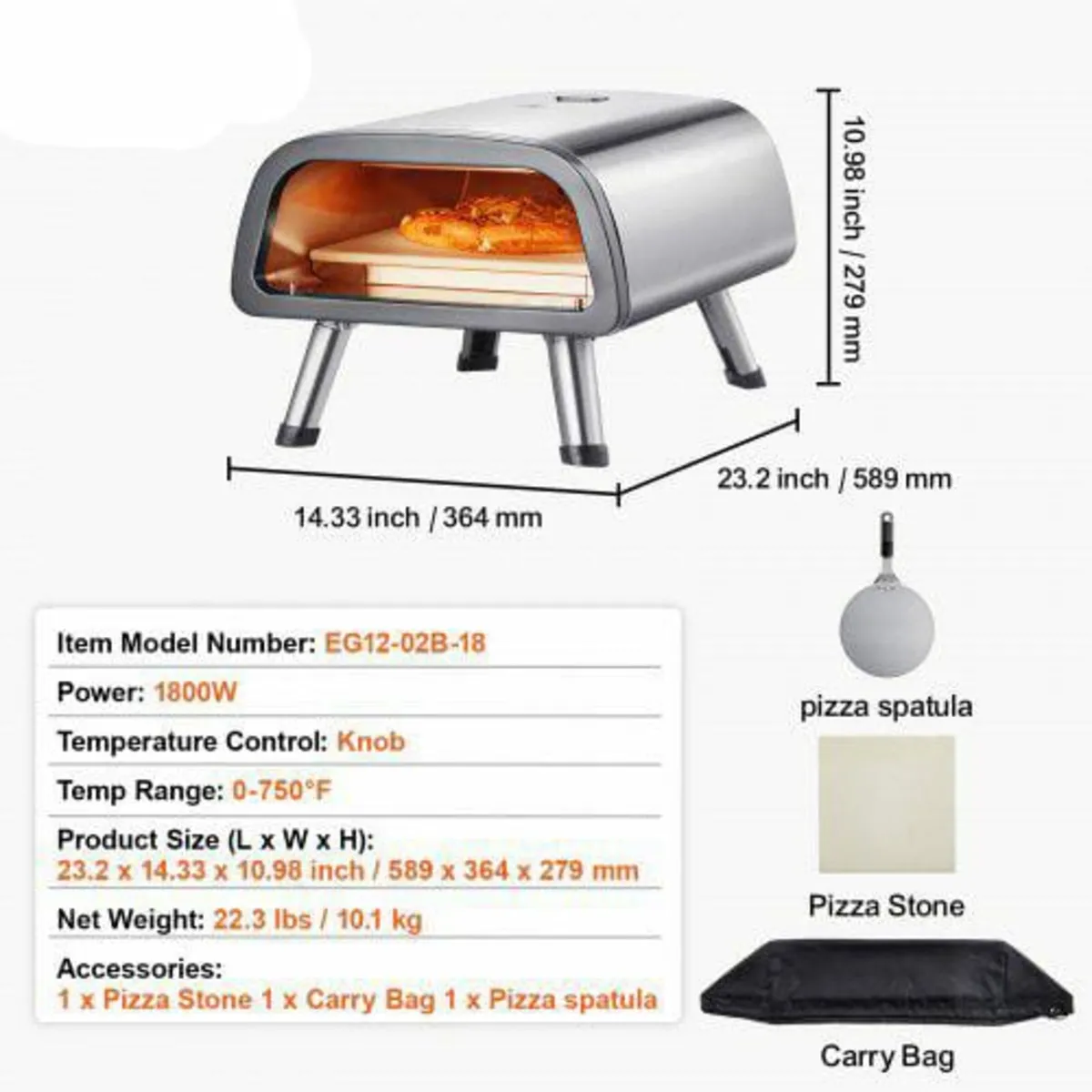 12" Electric Pizza Oven Countertop, Stainless Stee - Image 3