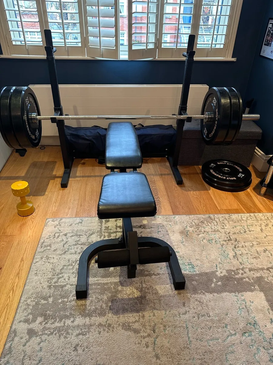 Gym bench , bar , rack and weights - Image 2