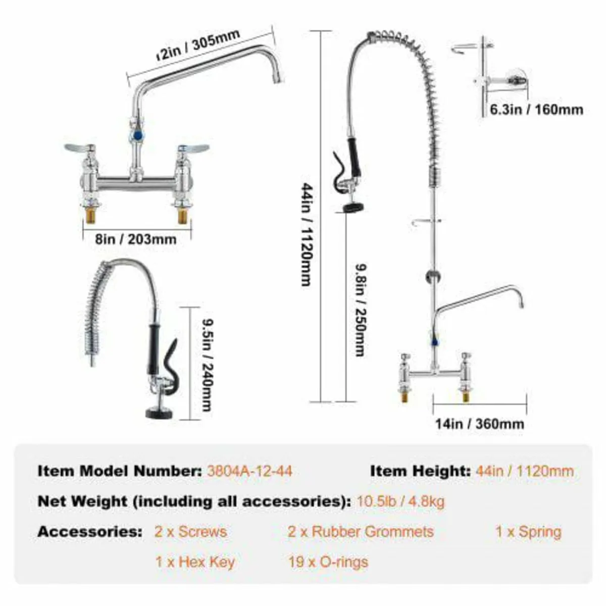 Commercial Faucet with Pre-Rinse Sprayer, 44" Heig - Image 2
