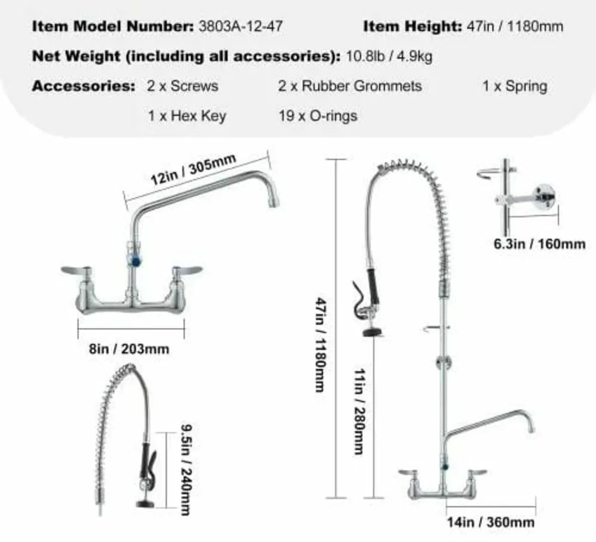 Commercial Faucet with Pre-Rinse Sprayer, 47" Heig - Image 2