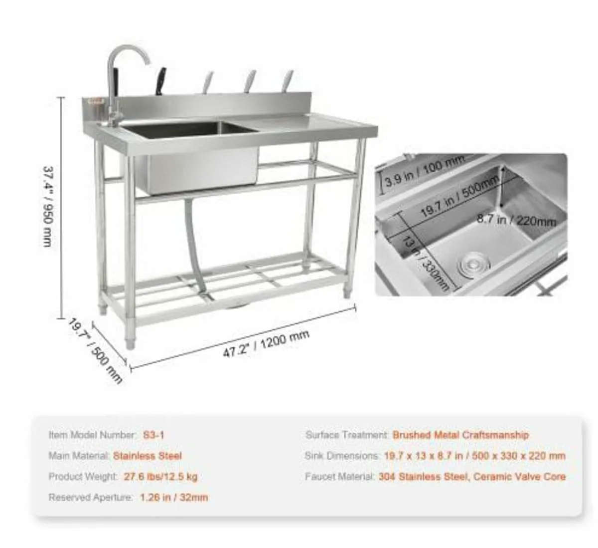 Stainless Steel Utility Sink, Free Standing Single - Image 3