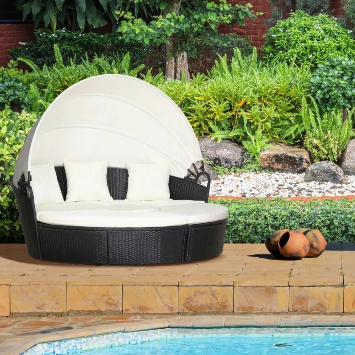 Five-Piece Rattan Garden Bed, with Canopy - Black/ - Image 2