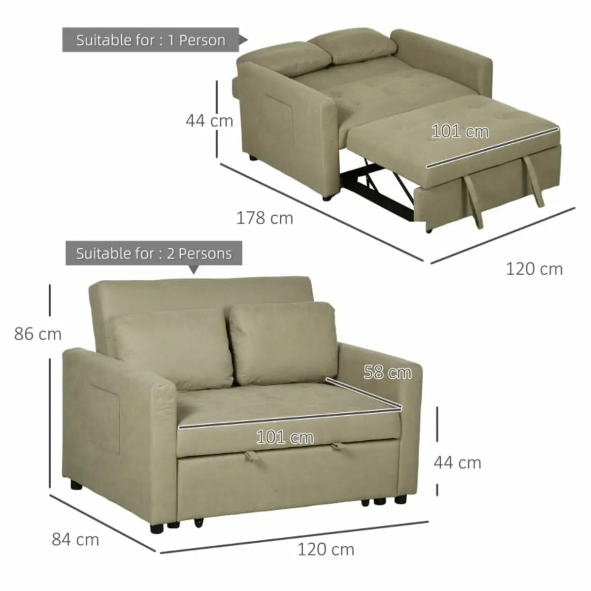 Loveseat Sofa Bed, Convertible Bed Settee with 2 C - Image 4