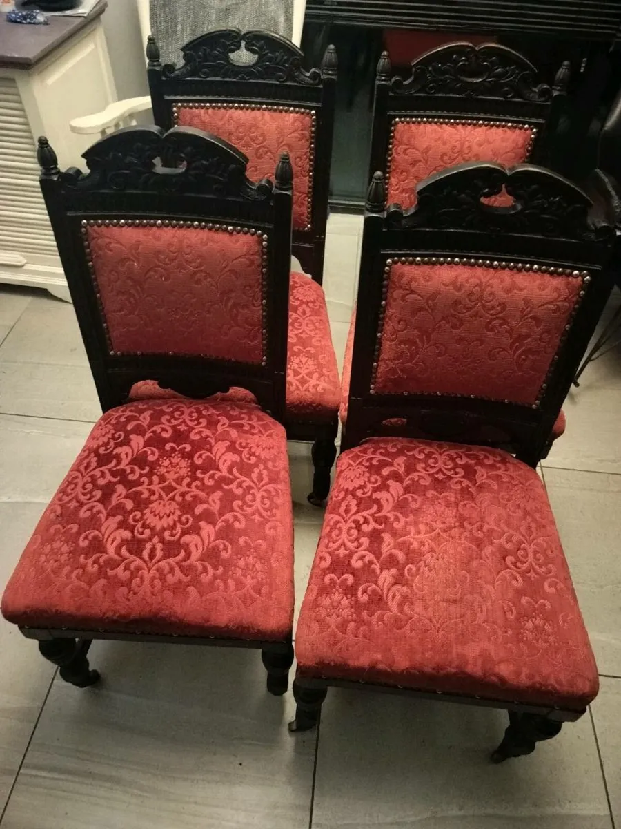 4 Antique Dining Chairs with Red Upholstery - Image 1