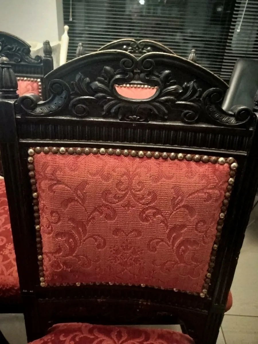 4 Antique Dining Chairs with Red Upholstery - Image 3