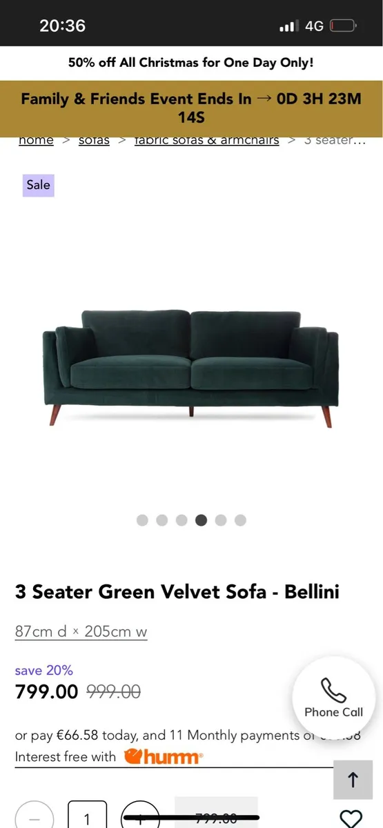 3 Seater Green Velvet Sofa - Bellini - Image 4