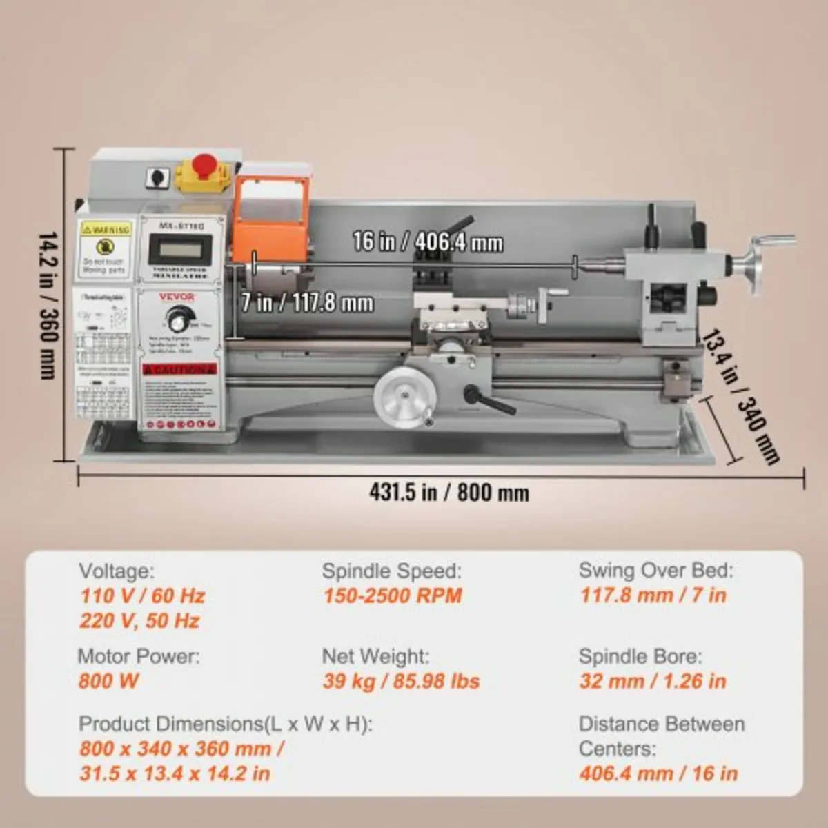 Mini Metal Lathe Machine, 17.8 cm x 40.7 cm, 800W - Image 3