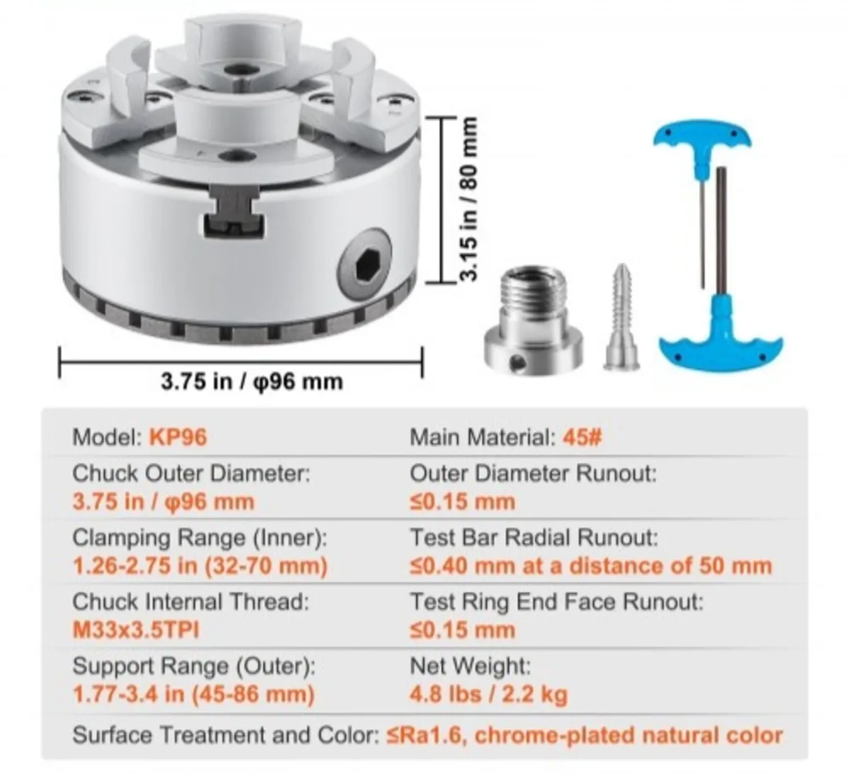 KP96 Lathe Chuck, 4-Jaw 9.5 cm Diameter, Metal Lat - Image 3