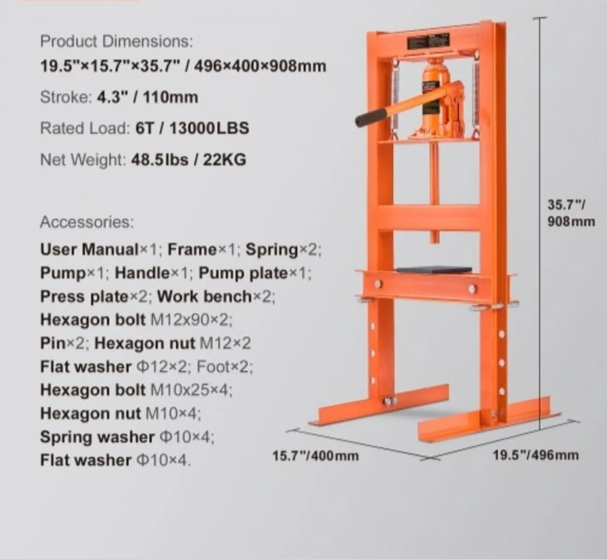 Hydraulic Shop Press 6 Ton with Press Plates H-Fra - Image 3