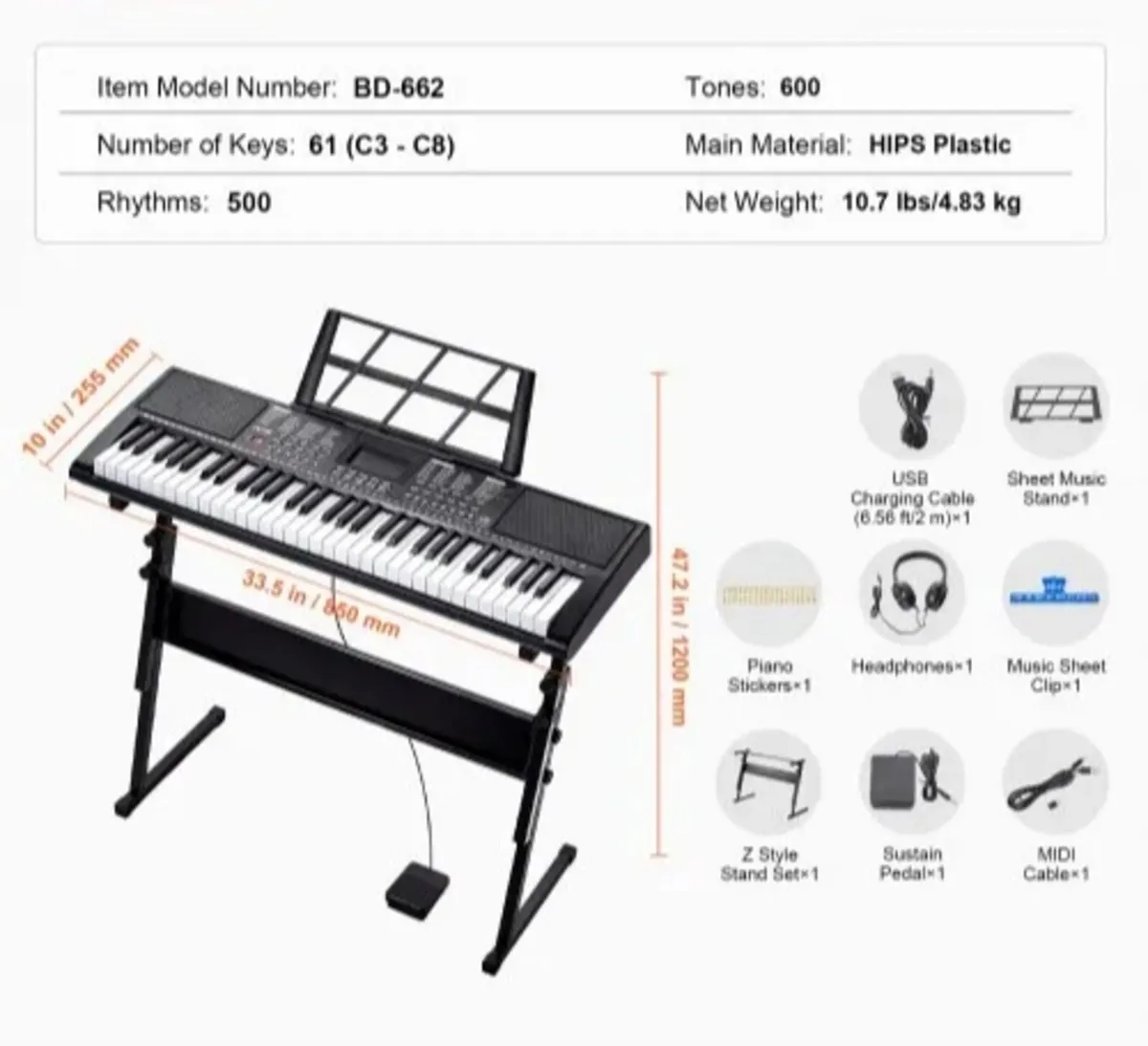 61 Key Digital Keyboard Piano, Lighted Keys, Elect - Image 4