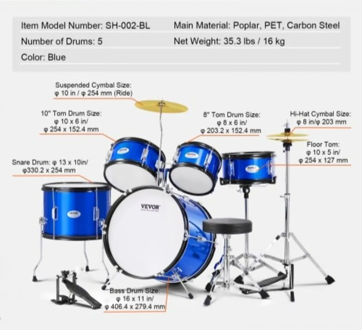 Kids Drum Set, 5-Piece, 16 in Beginner Full Drum S - Image 3