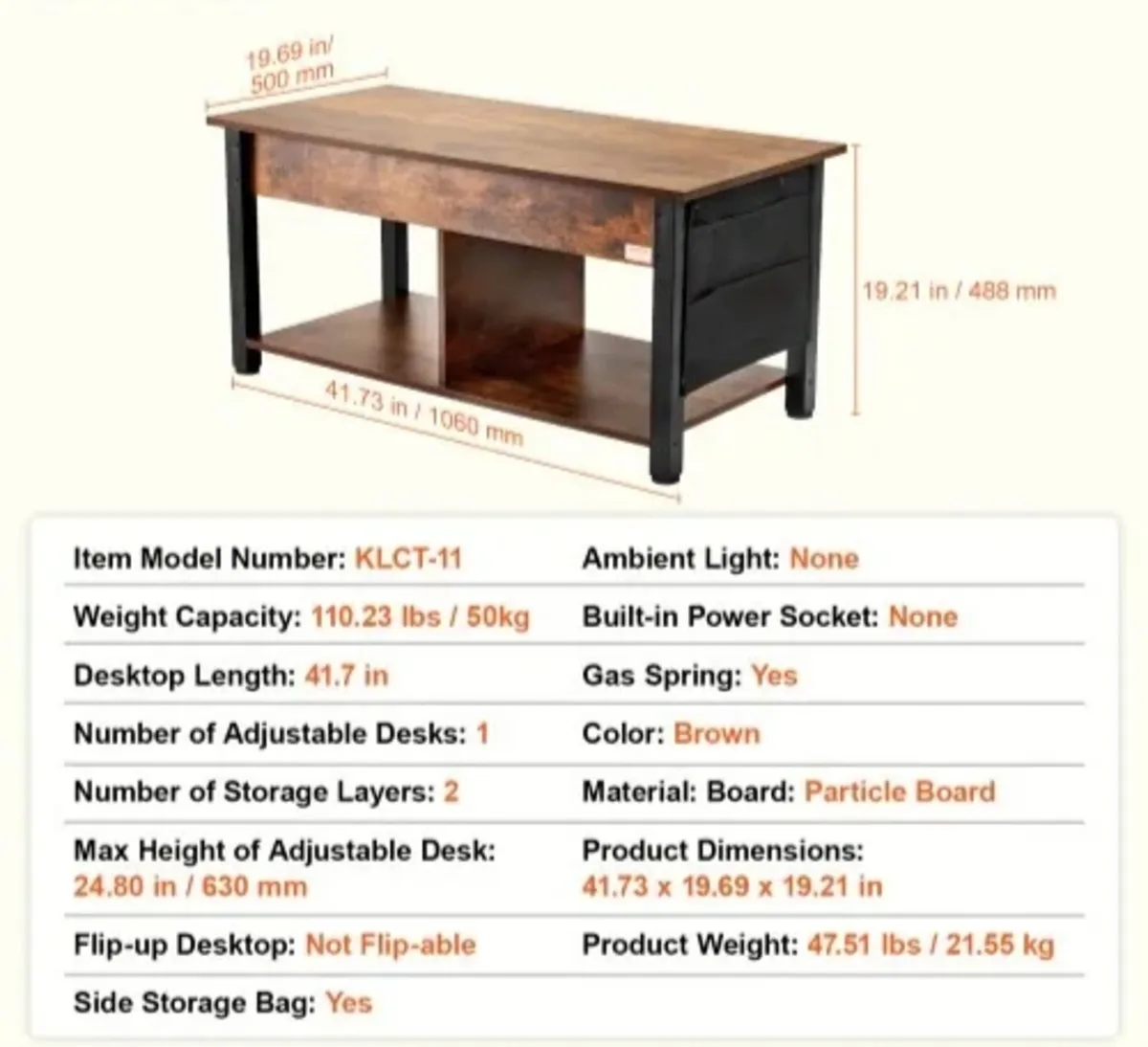 Lift Top Coffee Table, 41.7 in Rectangle Coffee Ta - Image 3