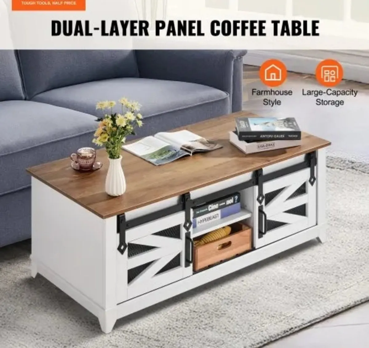 48" Farmhouse Coffee Table, Rectangle Coffee Table - Image 4