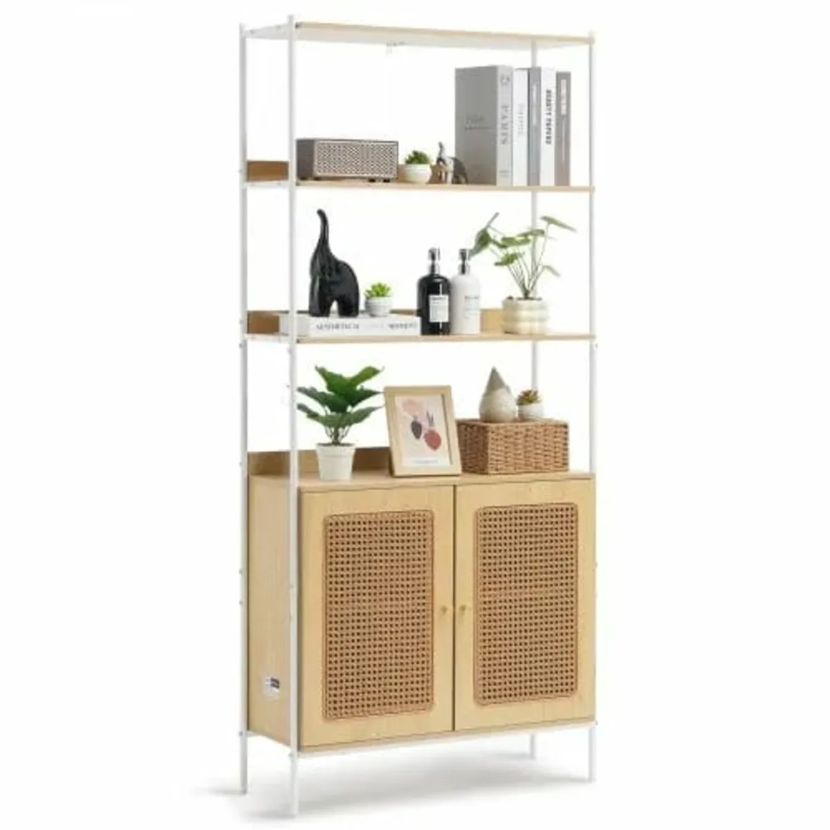 Rattan Bookshelf, Ladder Shelf with 2 Doors, Recta - Image 1