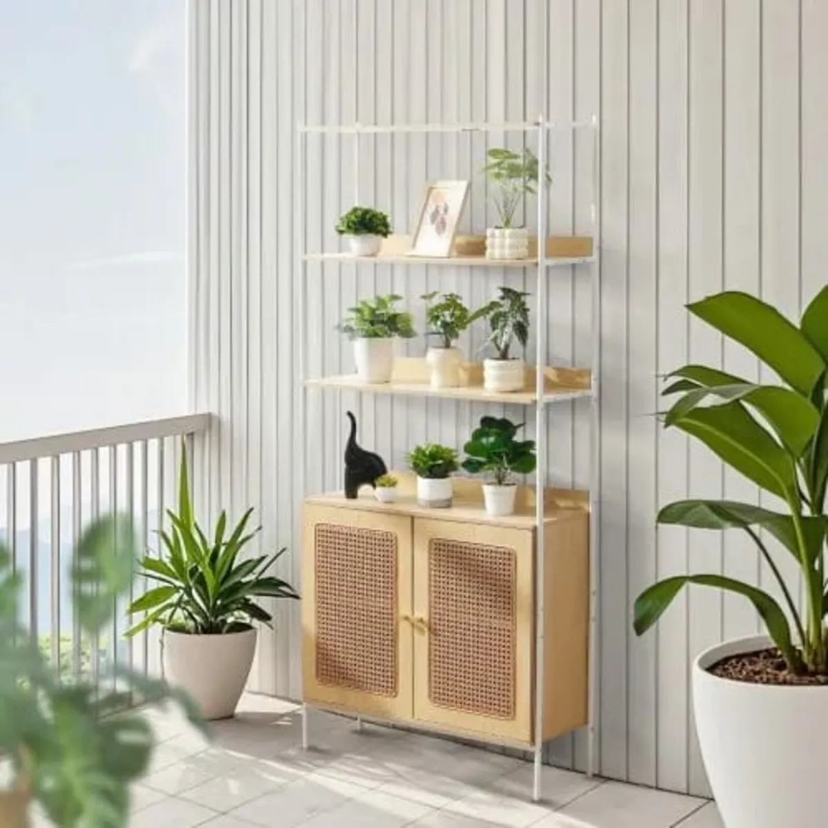 Rattan Bookshelf, Ladder Shelf with 2 Doors, Recta - Image 2