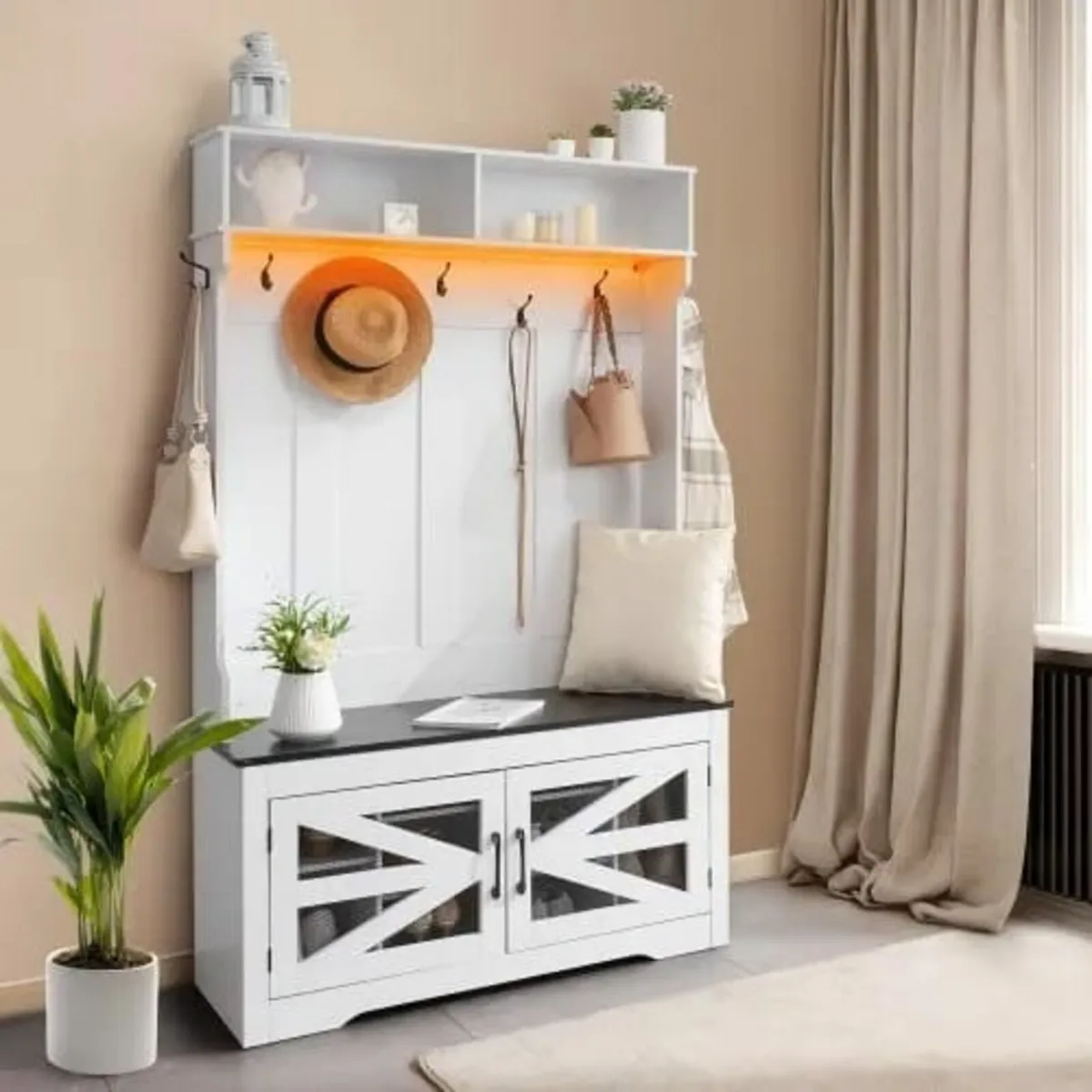 Hall Tree, Wooden Hall Tree with Bench and Shoe St - Image 3