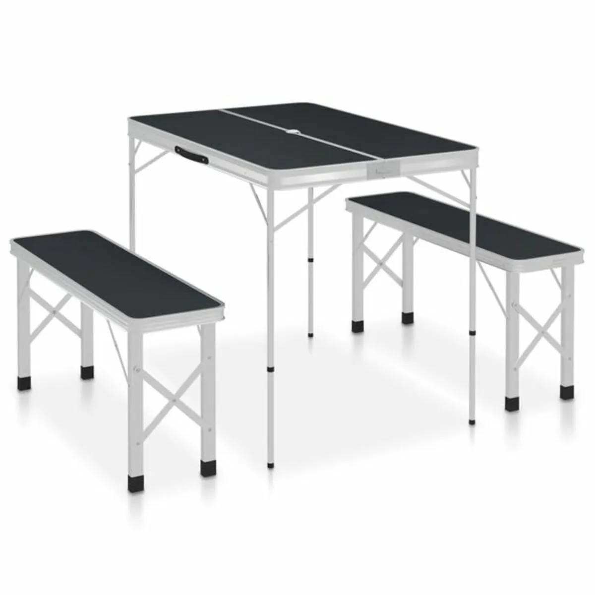 Folding Camping Table with 2 Benches Aluminium Gre - Image 1