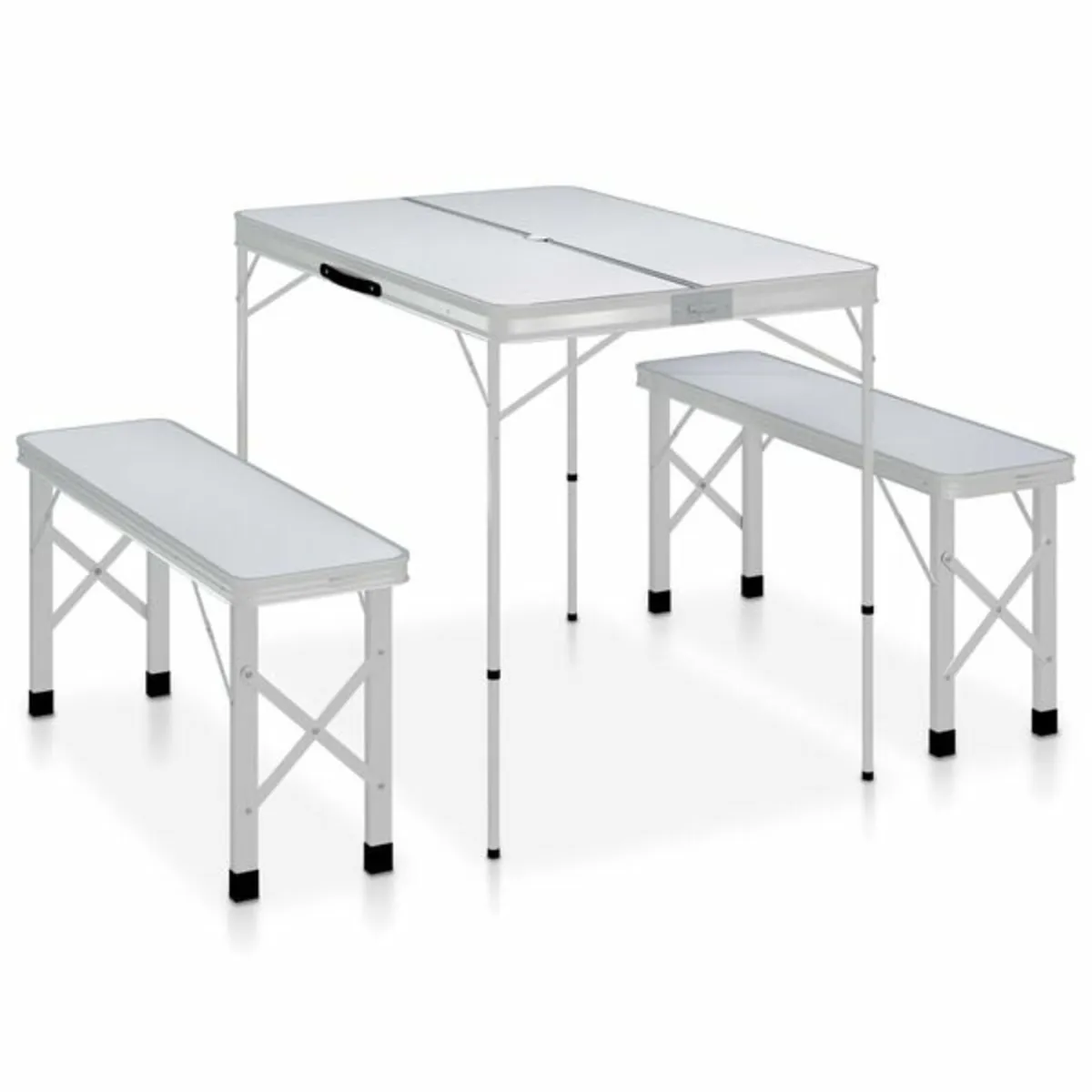 Folding Camping Table with 2 Benches Aluminium Whi - Image 1
