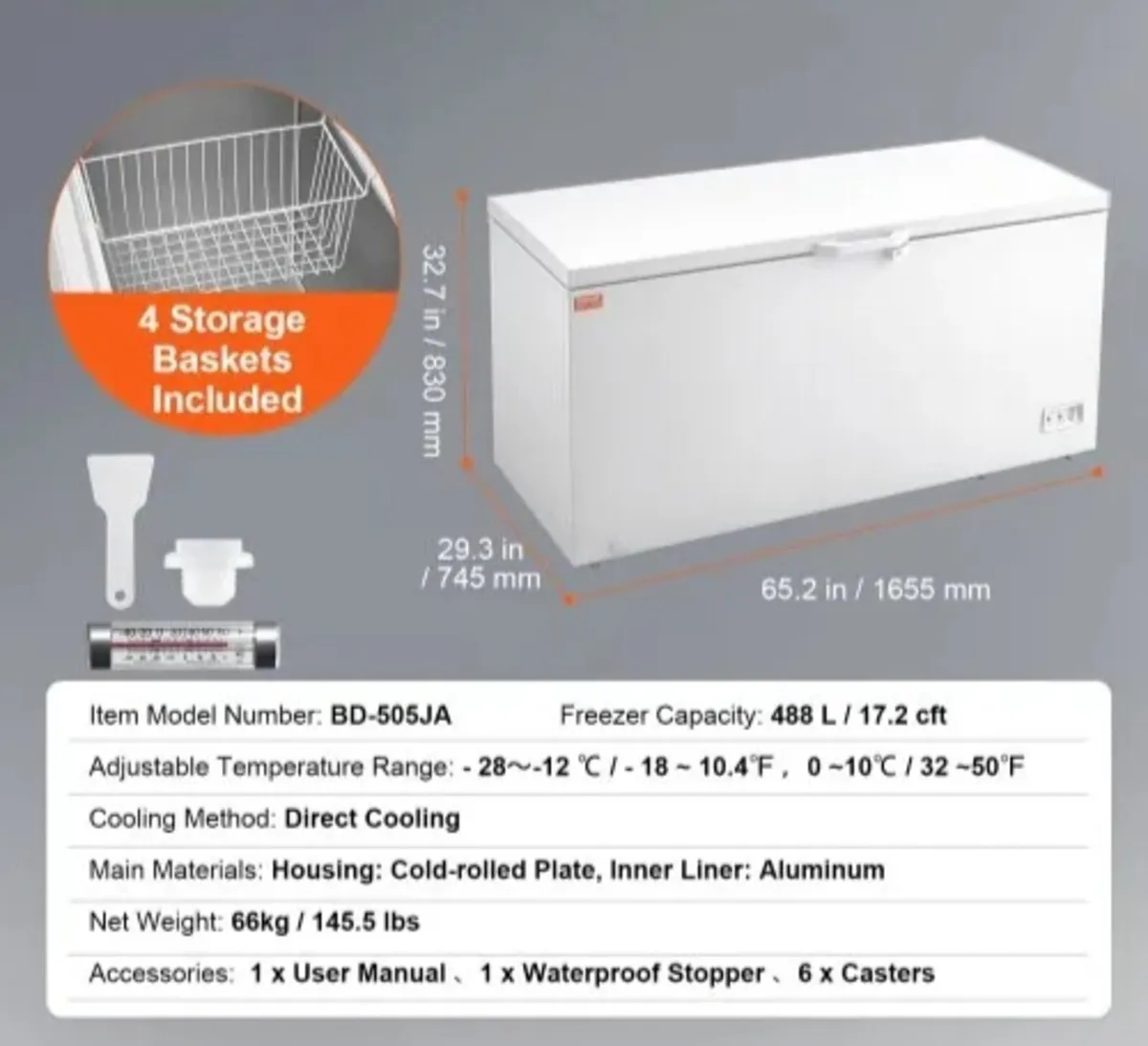 Chest Freezer, 17.2 cu.ft / 488 L Large Deep Freez - Image 3