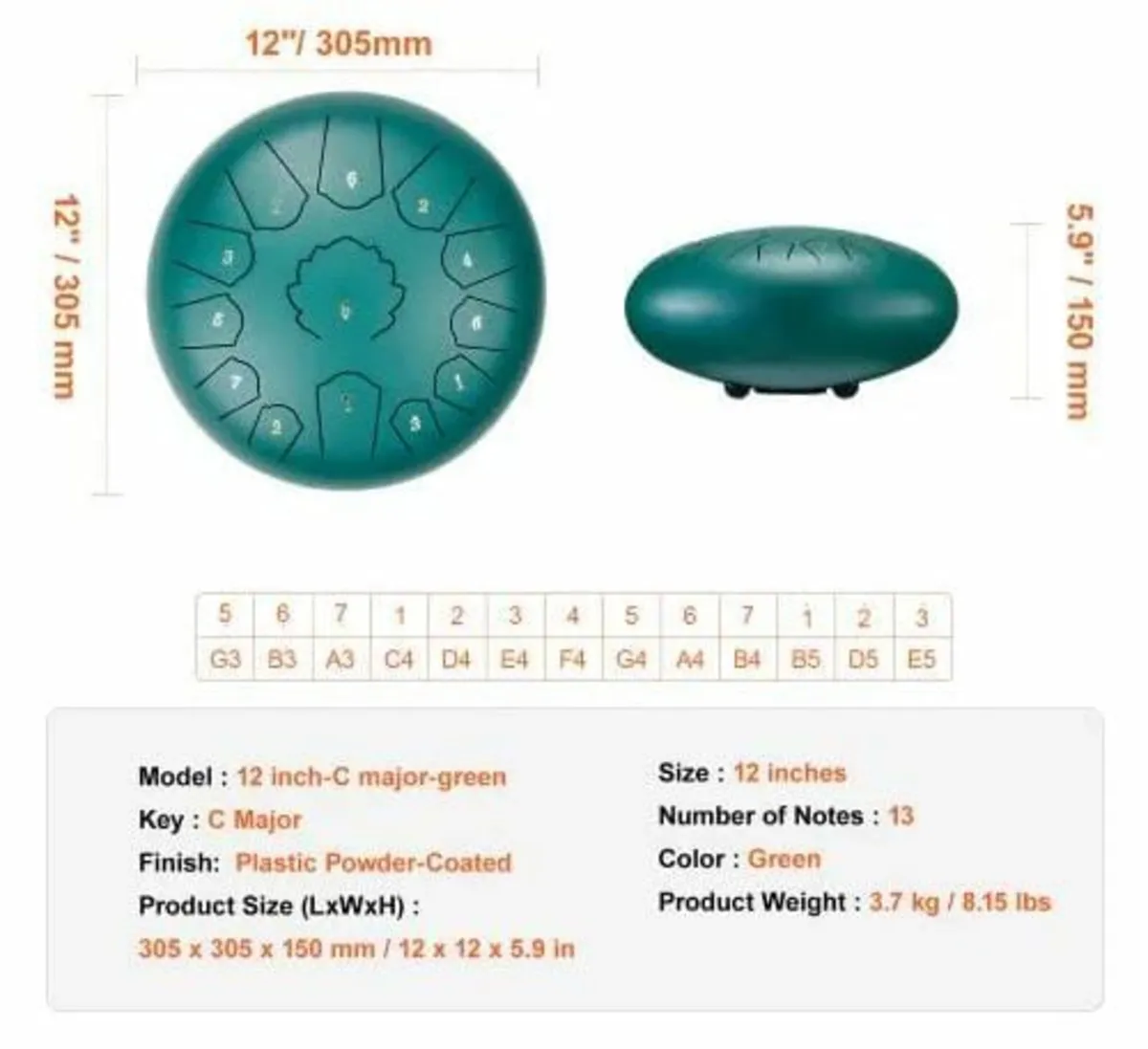 Steel Tongue Drum, 12 in & 13 Notes, C Major Steel - Image 4