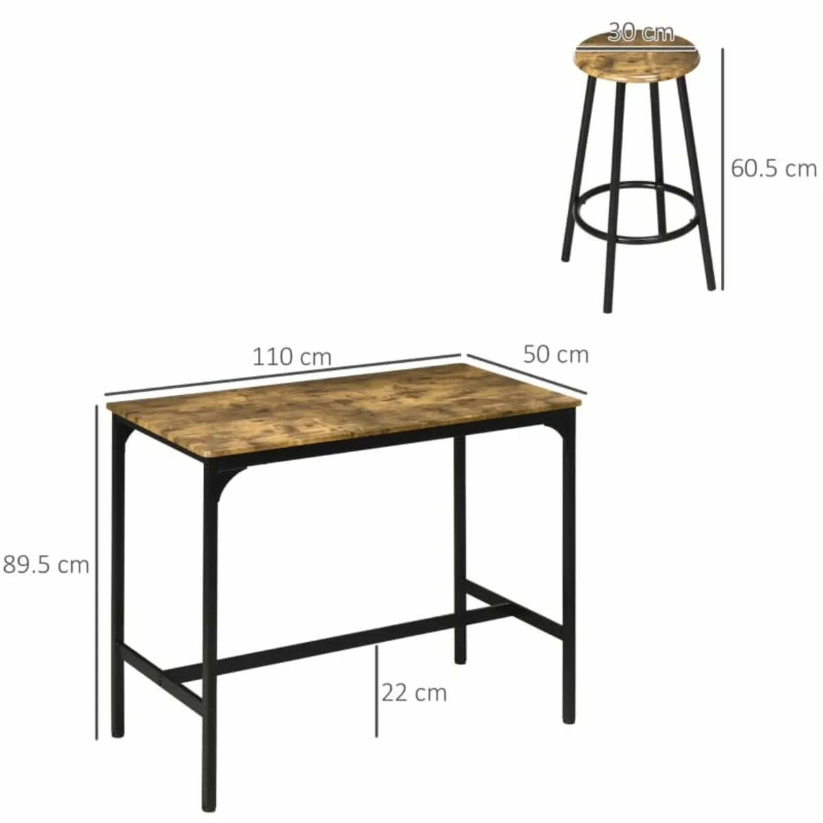 Five-Piece Industrial-Style Bar Table Set - Brown/ - Image 2