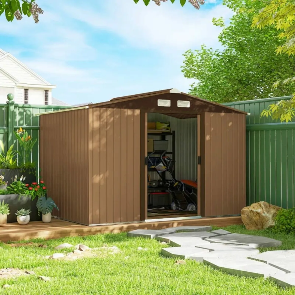 9 x 6FT Outdoor Garden Roofed Metal Storage Shed T - Image 2