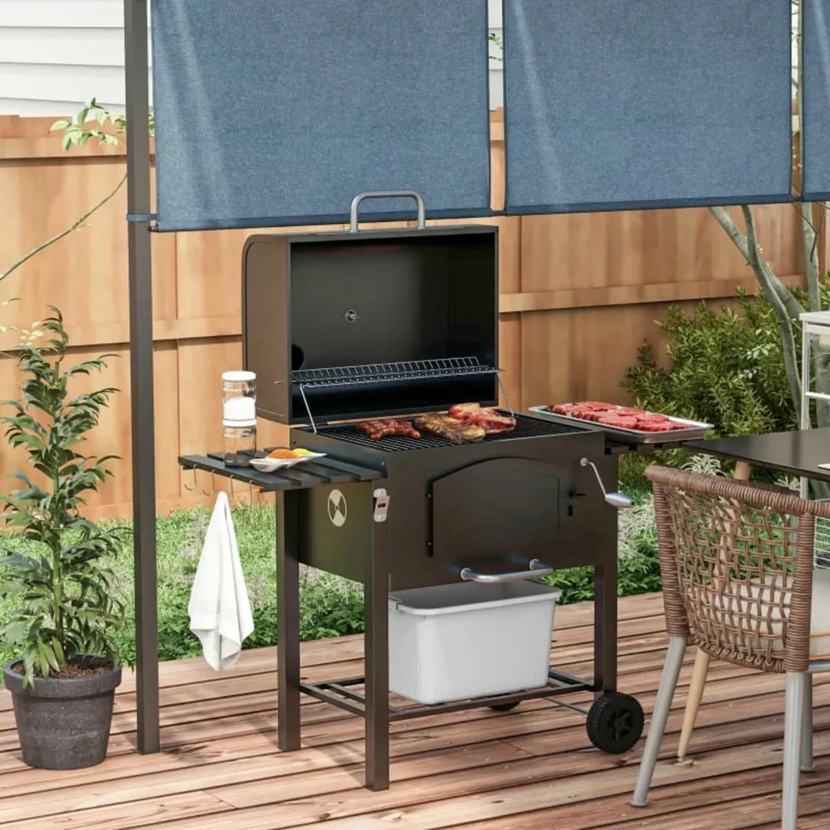 Charcoal Barbecue Grill Trolley Garden Smoker with - Image 2