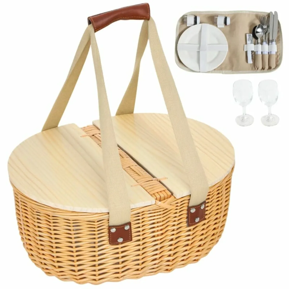 Wicker Picnic Basket for 2 with Pine Wood Lid, Pic - Image 1