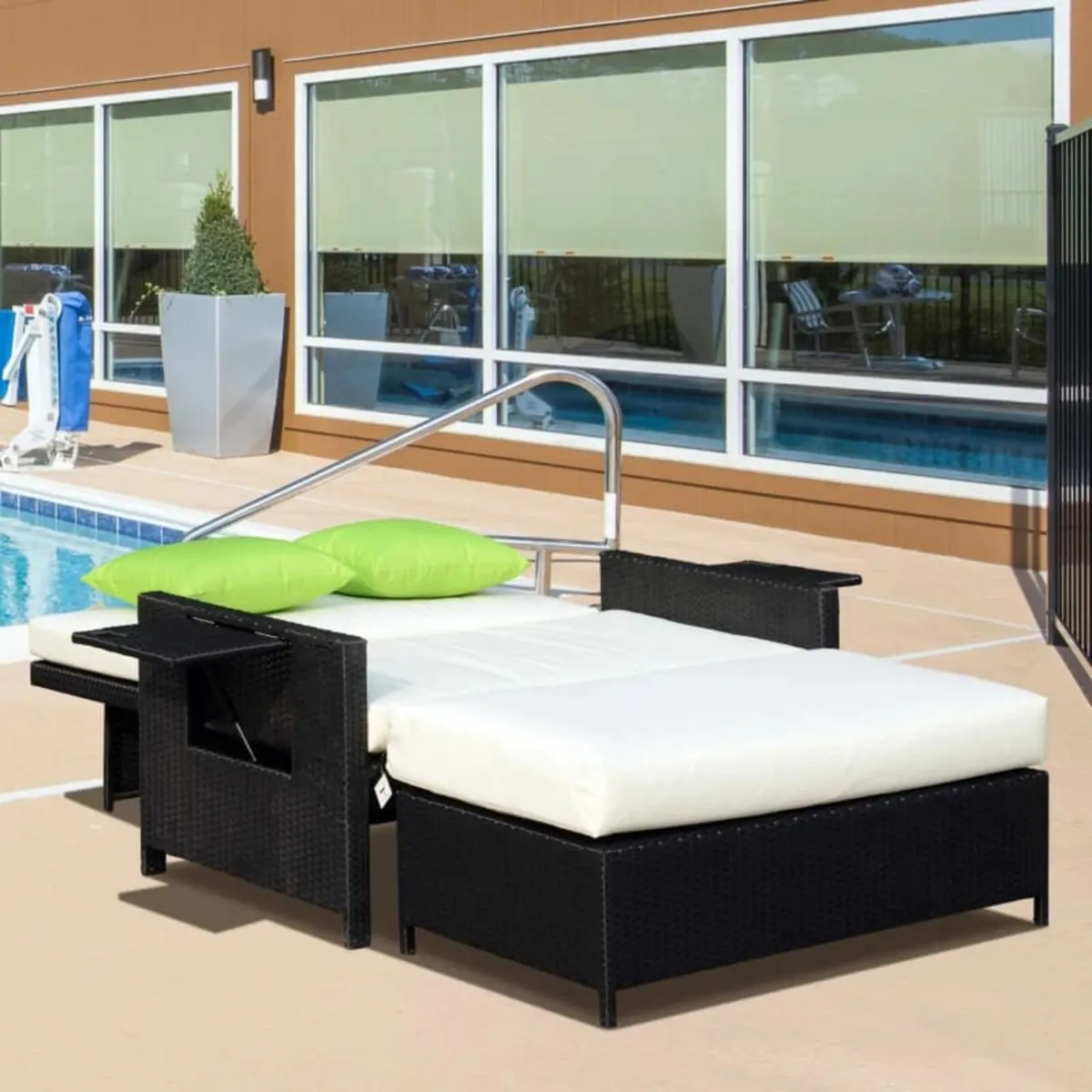 Rattan 2-Seater Sofa Sun Lounger Bed-Black - Image 4