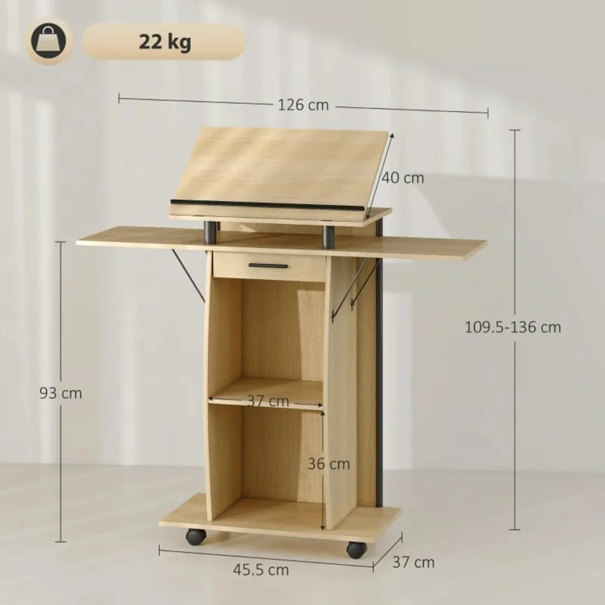 Rolling Podium Stand, Lectern with Folding Side Wi - Image 4